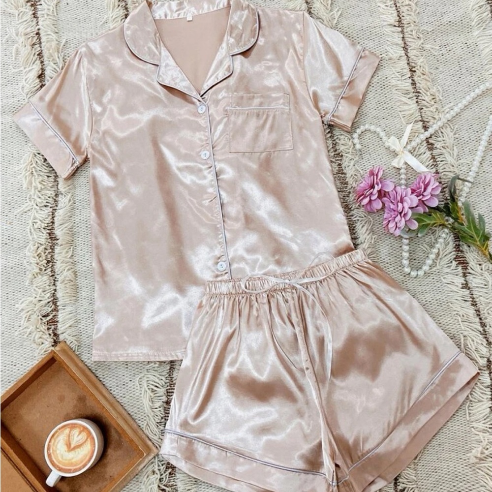 Small Champagne Contrast Binding Button Front Satin PJ Set